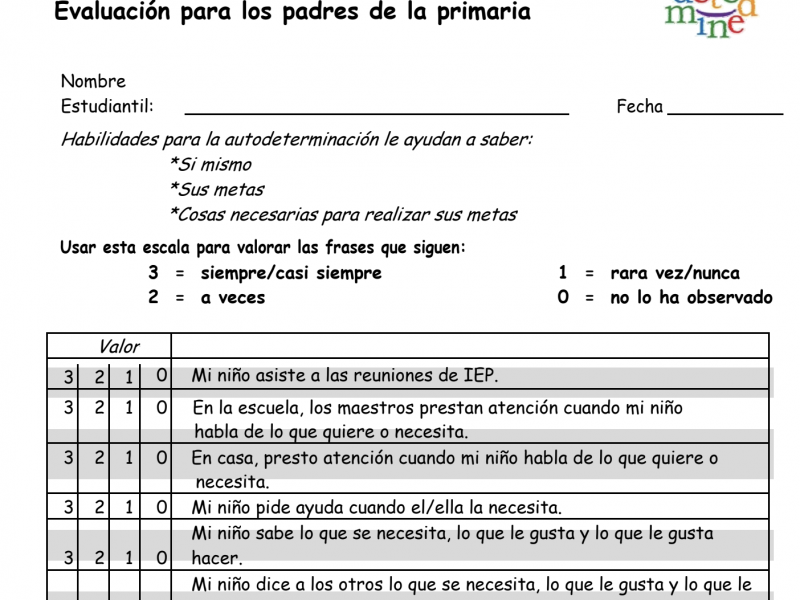 Screenshot of Self-Determination Checklist for parents - Spanish version