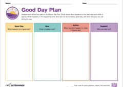 4 column worksheet with headings Good Day (in yellow), Now (in teal), Action (in red), and Support (in purple)