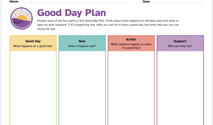 4 column worksheet with headings Good Day (in yellow), Now (in teal), Action (in red), and Support (in purple)