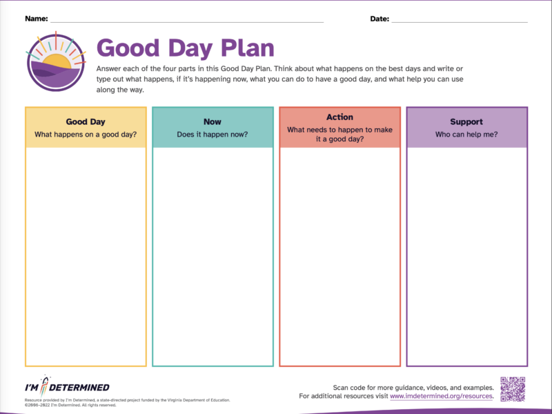 4 column worksheet with headings Good Day (in yellow), Now (in teal), Action (in red), and Support (in purple)
