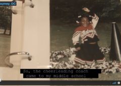 Screen capture from Taylor's Journey video featuring a photo of young Taylor in a cheerleading outfit, smiling with one arm in the air.
