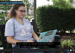 Video capture: Annie sits outside on a bench, her laptop open.