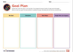 4 column worksheet with headings My Goal (in yellow), Outcomes (in teal), Next Steps (in red), and People Who Can Support (in purple)