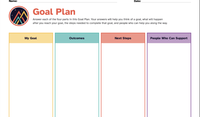 4 column worksheet with headings My Goal (in yellow), Outcomes (in teal), Next Steps (in red), and People Who Can Support (in purple)