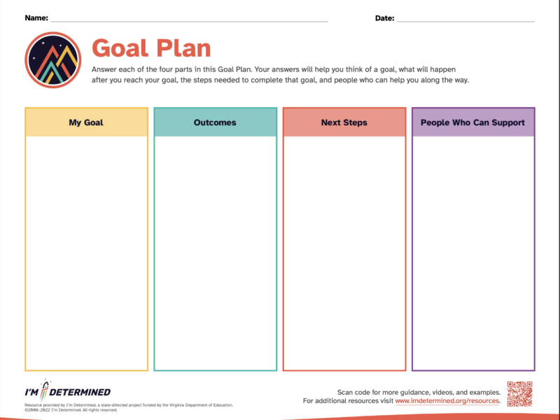 Goal_Plan_Thumb 4 column worksheet with headings My Goal (in yellow), Outcomes (in teal), Next Steps (in red), and People Who Can Support (in purple)
