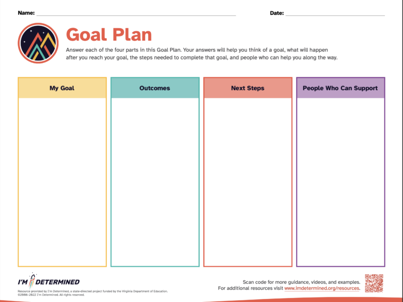 4 column worksheet with headings My Goal (in yellow), Outcomes (in teal), Next Steps (in red), and People Who Can Support (in purple)