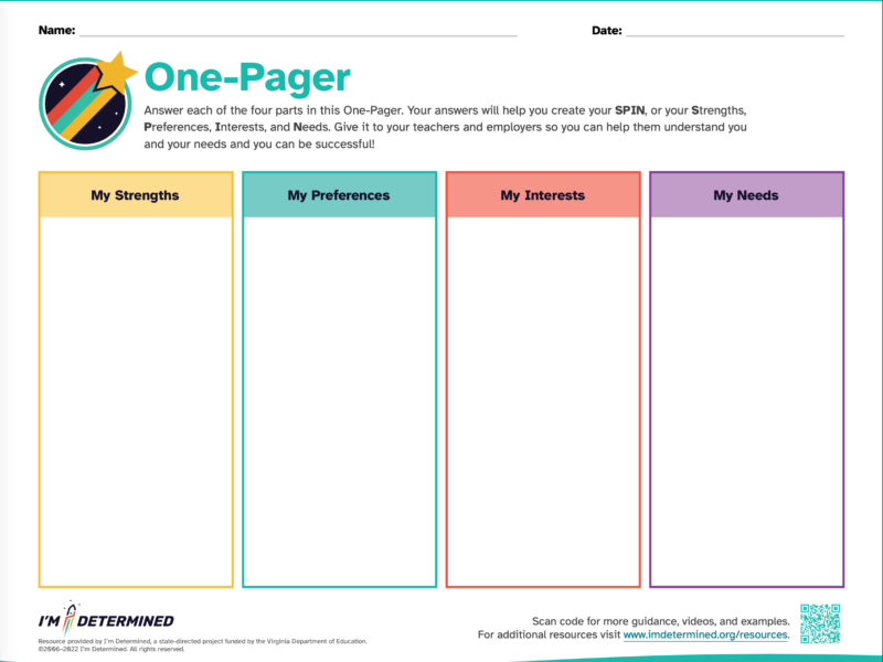 One-Pager-Thumb 4 column worksheet with headings My Strengths (in yellow), My Preferences (in teal), My Interests (in red), and My Needs (in purple)