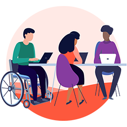 Illustration of three individuals sitting at a table, one in a wheelchair, working on laptops.