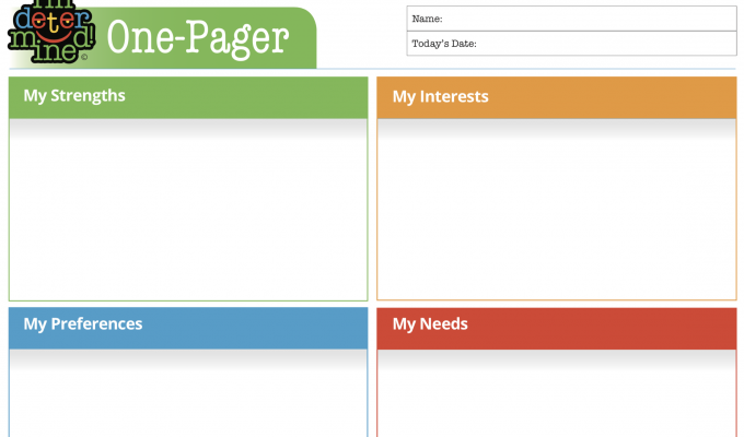 4 quadrant worksheet with My Strengths, My Preferences, My Interests, and My Needs