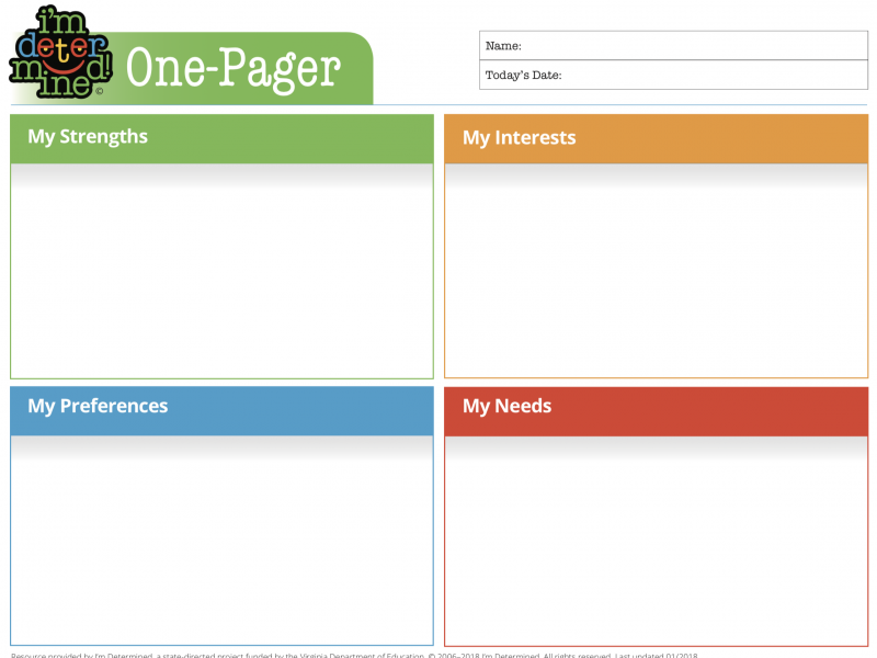 One-Pager 4 quadrant worksheet with My Strengths, My Preferences, My Interests, and My Needs