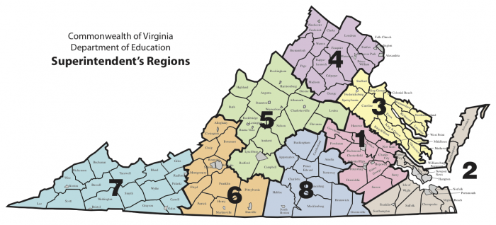 Multicolored map of the superintendent regions of Virginia - regions 1 through 8, with each region's counties and cities listed.