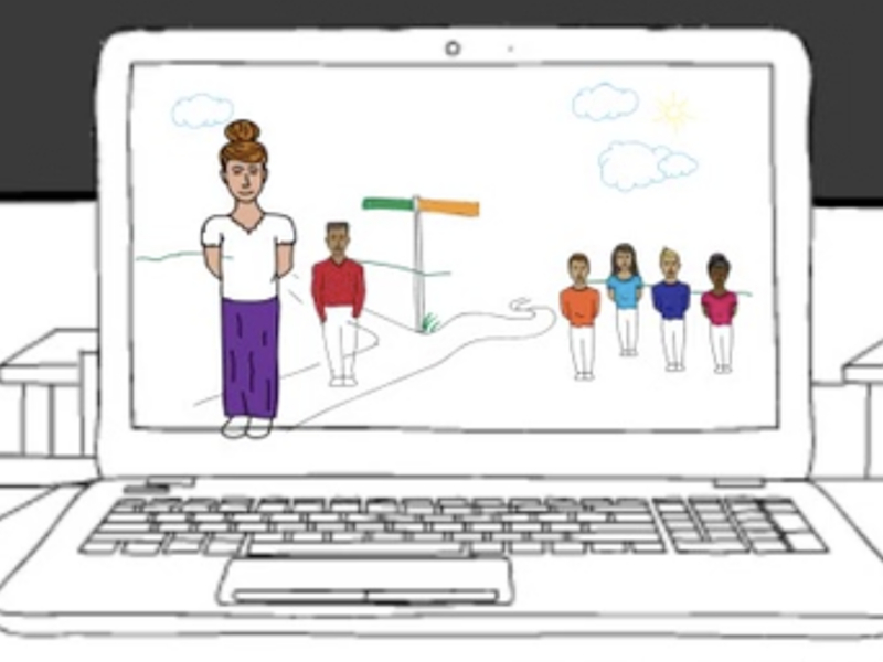 Illustrated laptop screen that shows a path that splits and goes two ways. A teacher and students wearing different colored shirts are standing on both sides of the path.