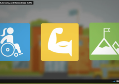 Screenshot from competence, autonomy, and relatedness video showing three square icons. A blue icon with an individual sitting in and pushing a wheelchair, a yellow icon showing a flexed arm and bicep, and a green icon showing a mountain peak with a flag at the top.