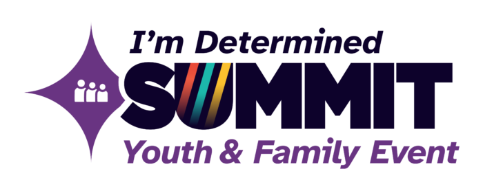 Stylized text that says: I'm Determined Summit - Youth & Family Event. Next to the text is a purple diamond with a white icon in the middle that shows the outlines of three individuals next to each other.