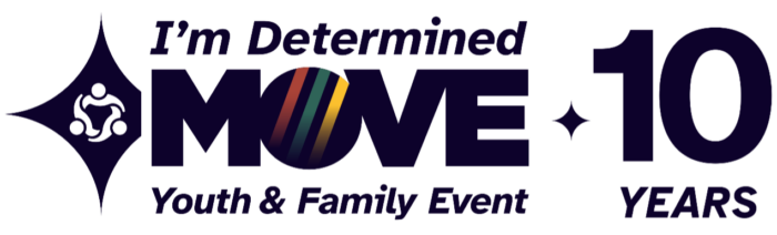 Logo for MOVE: Youth & Family Event. Stylized text with a red, green, and yellow stripe going through the O in MOVE. To the left is a diamond with an icon of three individuals weaving together. To the right it says 10 years.