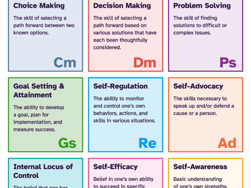 Elements of I'm Determined - grid of 9 colorful blocks with elements listed inside with definitions. The 9 elements and definitions are: Choice Making - The skill of selecting a path forward between two known options. Decision Making - The skill of selecting a path forward based on various solutions that have each been thoughtfully considered. Problem Solving - The skill of finding solutions to difficult or complex issues. Goal Setting & Attainment - The ability to develop a goal, plan for implementation, and measure success. Self-Regulation - The ability to monitor and control one's own behaviors, actions, and skills in various situations. Self-Advocacy - The skills necessary to speak up and/or defend a cause or a person. Internal Locus of Control - The belief that one has control over the outcomes that are important to his or her own life. Self-Efficacy - Belief in one's own ability to succeed in specific situations or accomplish specific tasks. Self-Awareness - Basic understanding of one's own strengths, needs, and abilities.