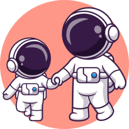 One larger cartoon astronaut holding the hand of a smaller cartoon astronaut walking alongside eachother.