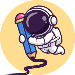 Cartoon astronaut holding a large pencil and drawing a dark line.