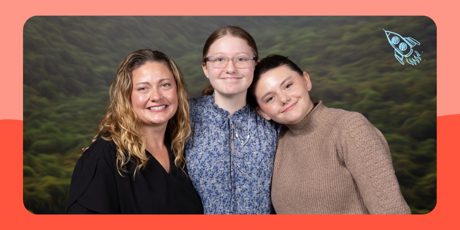 I'm Determined Youth Leader, sister, and mom with their arms around each other smiling at the camera.